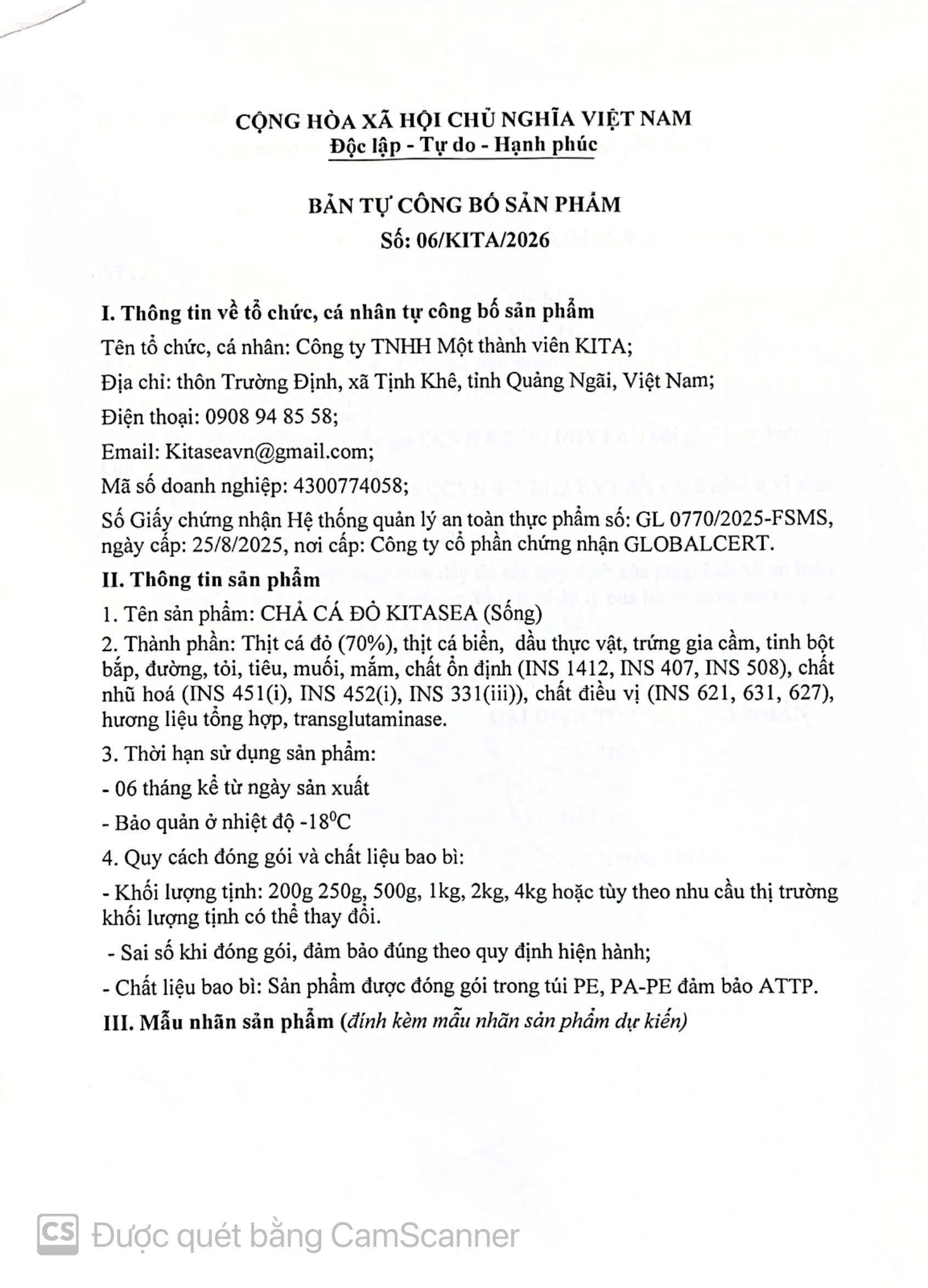 BẢN TỰ CÔNG BỐ SẢN PHẨM CHẢ CÁ ĐỎ (sống)