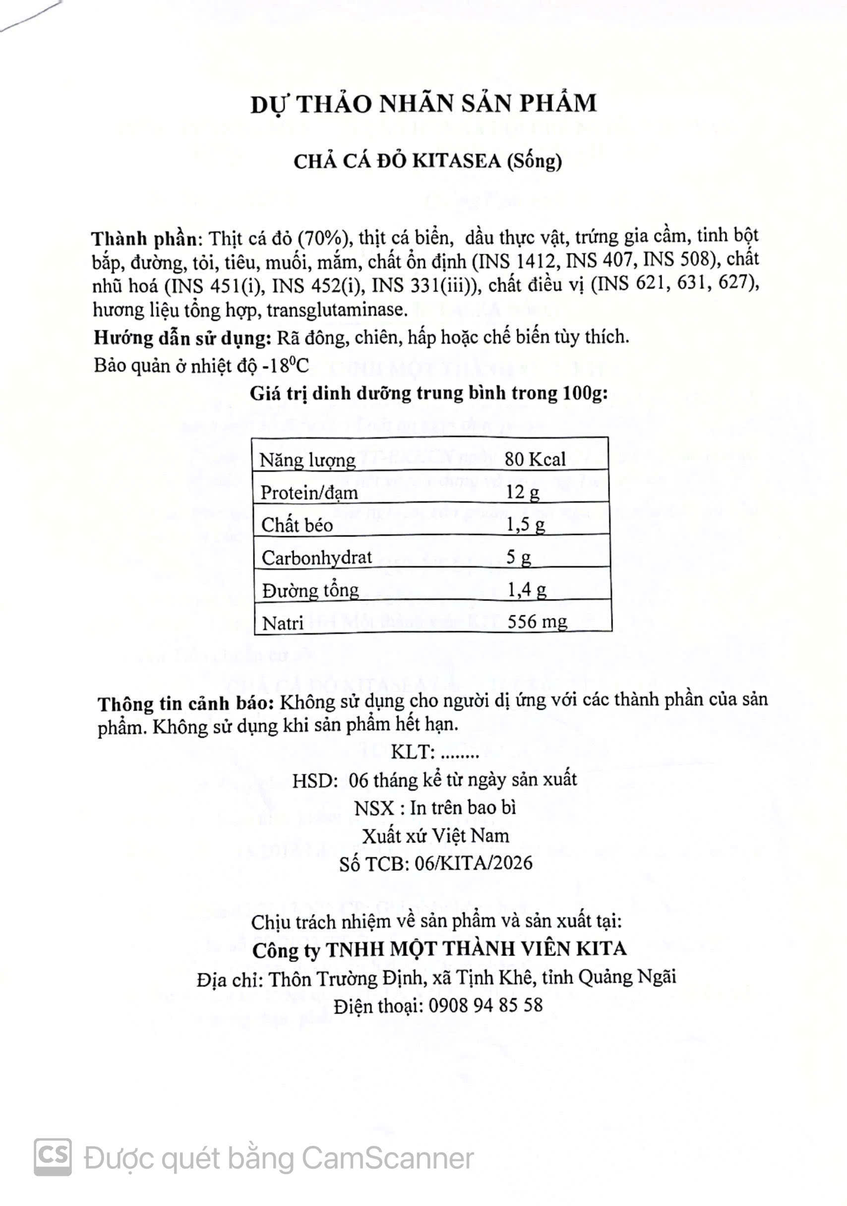 BẢN TỰ CÔNG BỐ SẢN PHẨM CHẢ CÁ ĐỎ (sống)