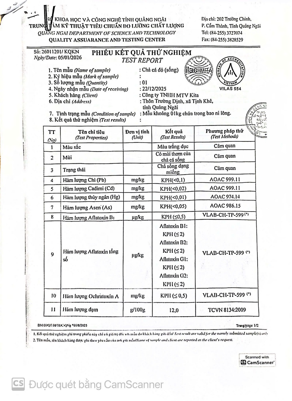 PHIẾU KẾT QUẢ THỬ NGHIỆM - CHẢ CÁ ĐỎ (sống)